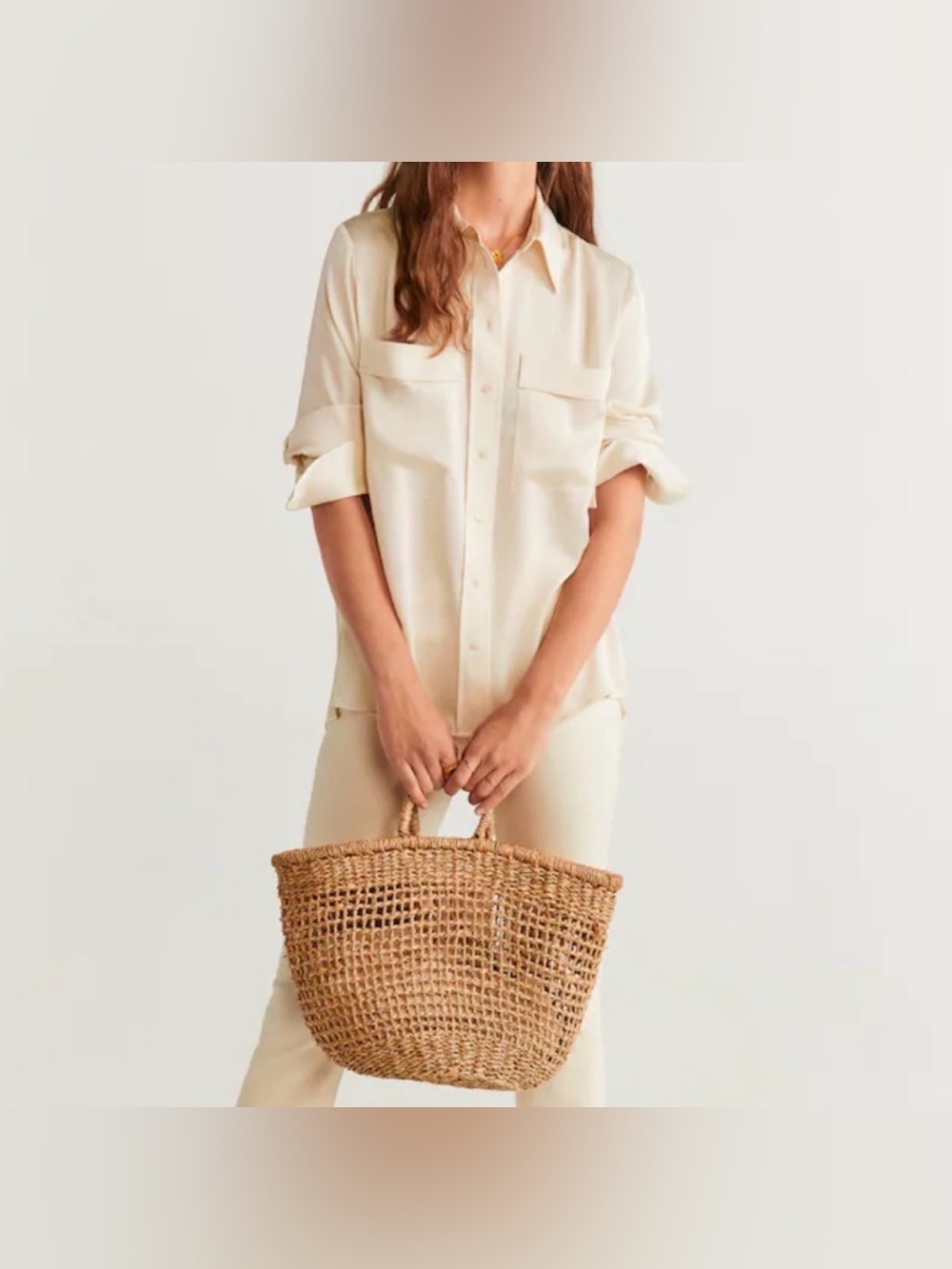 Mango Cream Button-Down Shirt - Lightweight Collared Blouse, Size XL